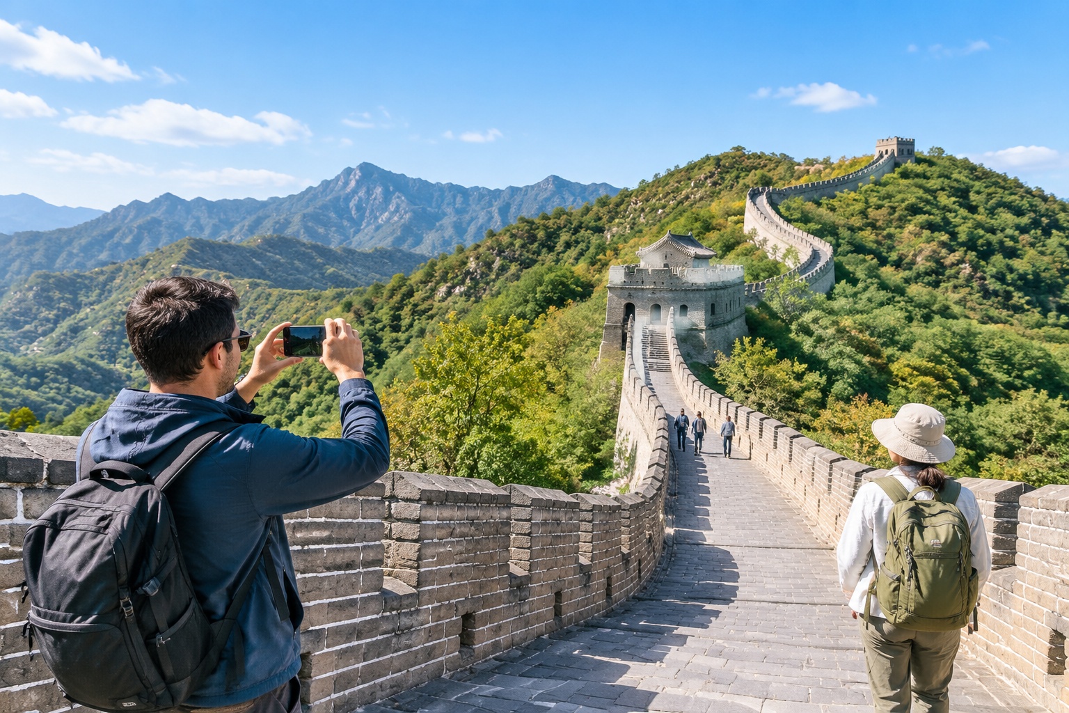Business traveler at Mutianyu Great Wall with a smartphone and forested mountain landscape