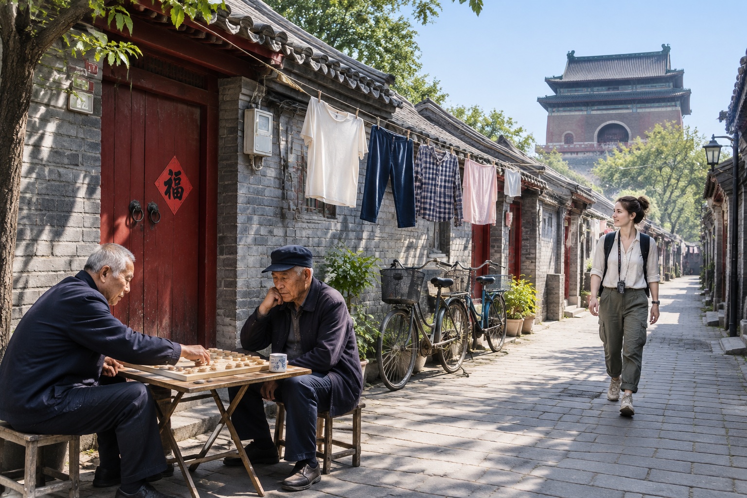 Daily life in a Beijing hutong near the Drum Tower with elderly men playing chess and bicycles parked on the side