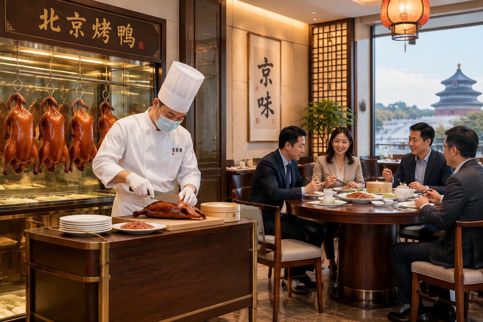 Chef slicing Peking duck in a Beijing restaurant while business diners eat around a round table