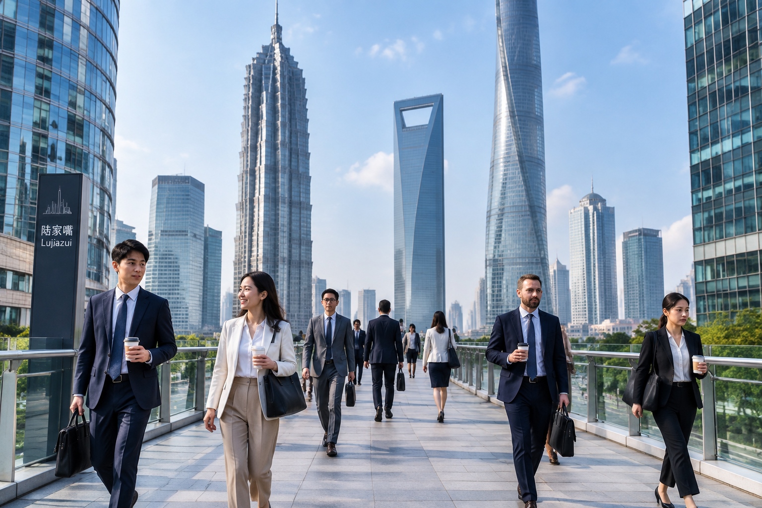 Business professionals walking through the Lujiazui overpass between Shanghai towers at midday