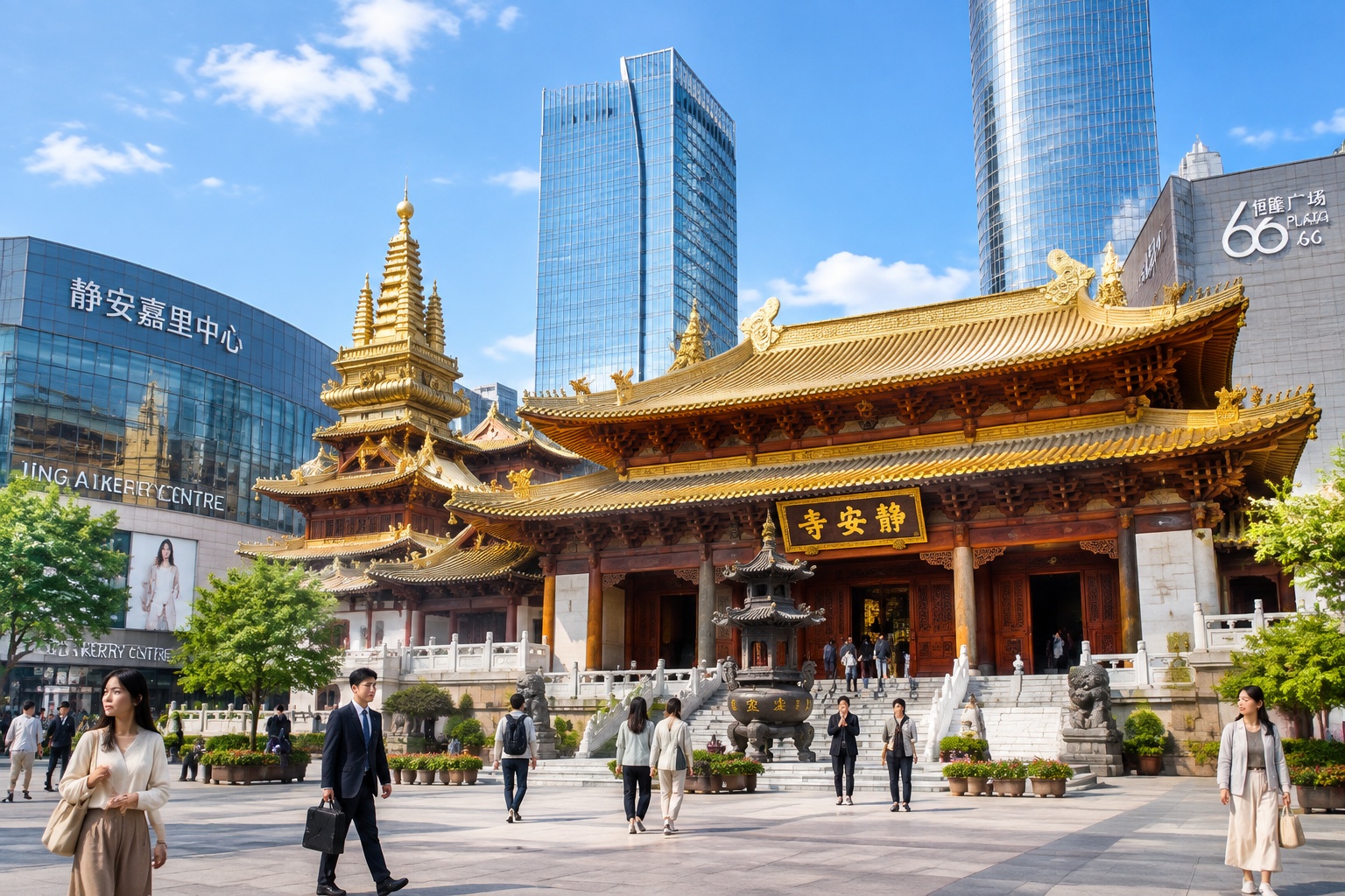 Jing'an Temple and the modern Nanjing West Road business district in Shanghai