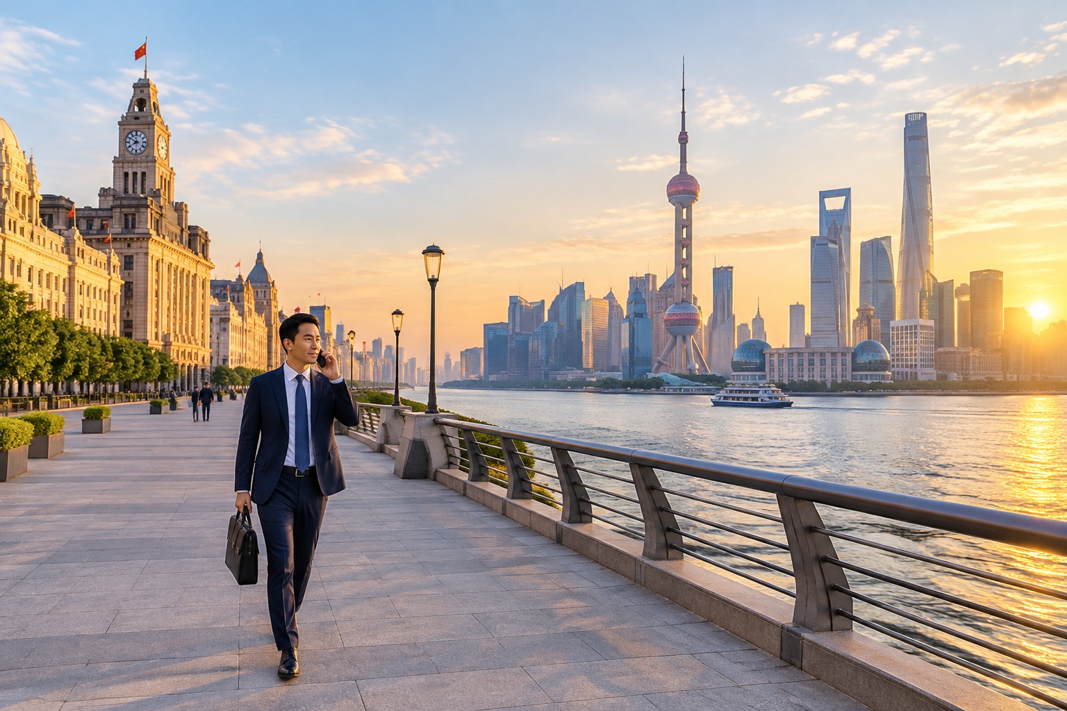 Walking along the Shanghai Bund waterfront with Lujiazui skyline in the background