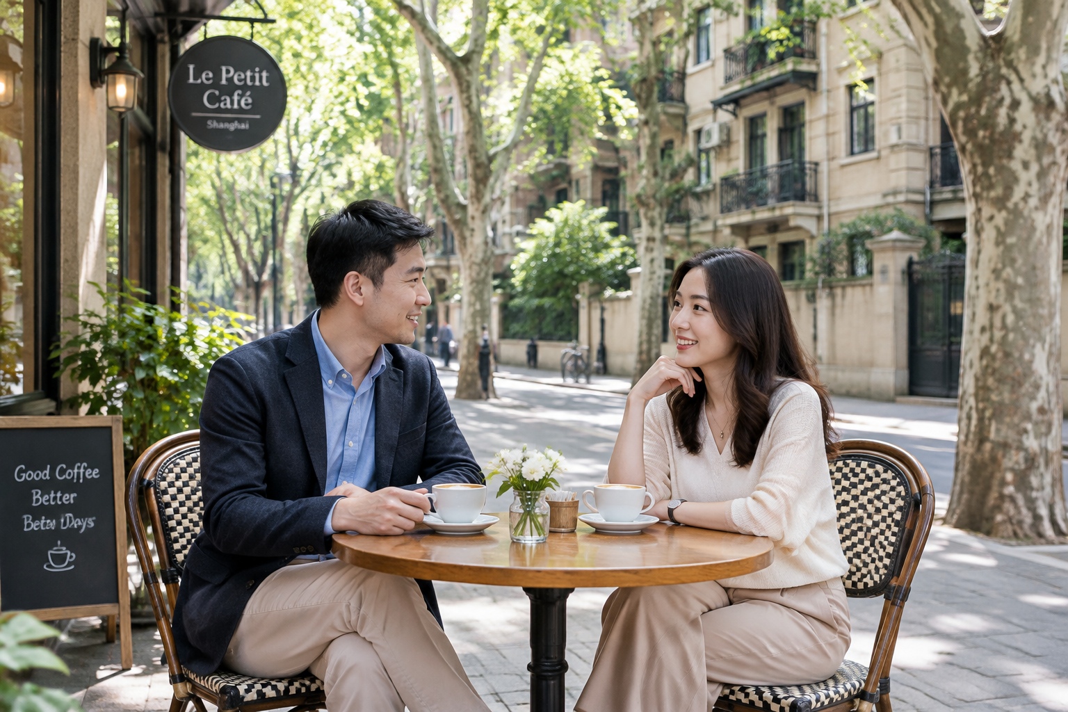 Two business partners enjoy a coffee at an outdoor table in Shanghai's former French Concession