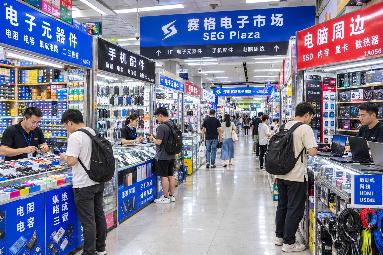 Huaqiangbei electronics market interior with vendors selling small computer parts and gadgets