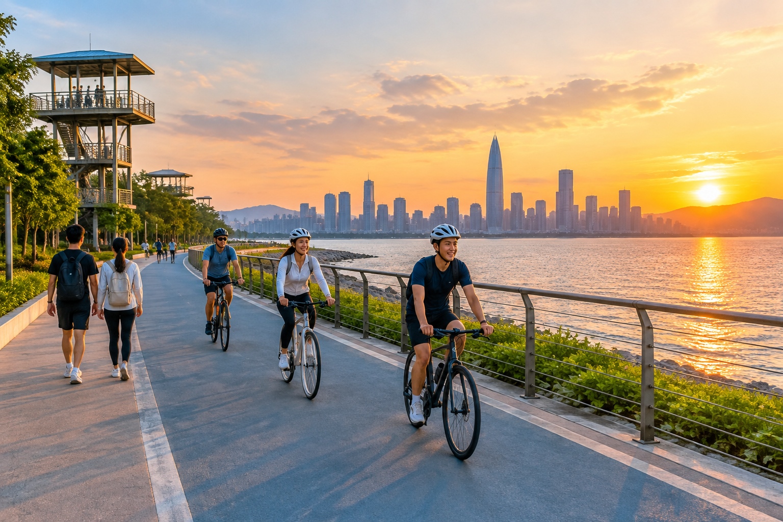 People cycling and walking along Shenzhen Bay Park with the city skyline in the background