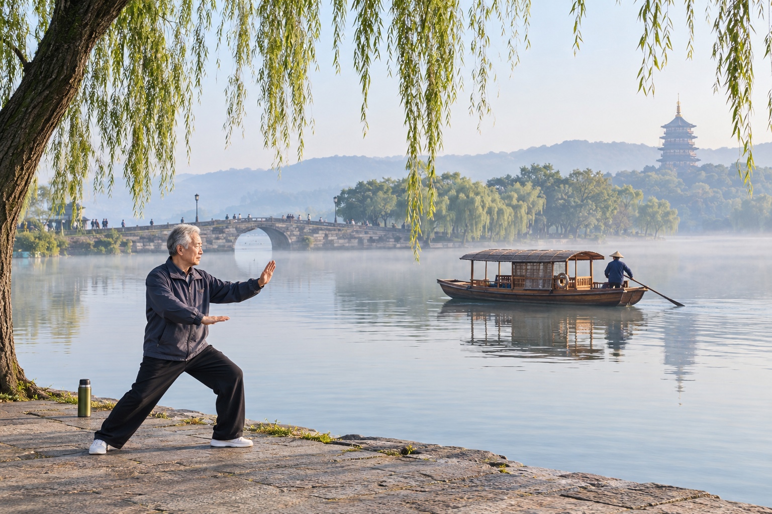 Morning mist over West Lake with a traditional boat and an old man practicing tai chi on the shore, Hangzhou