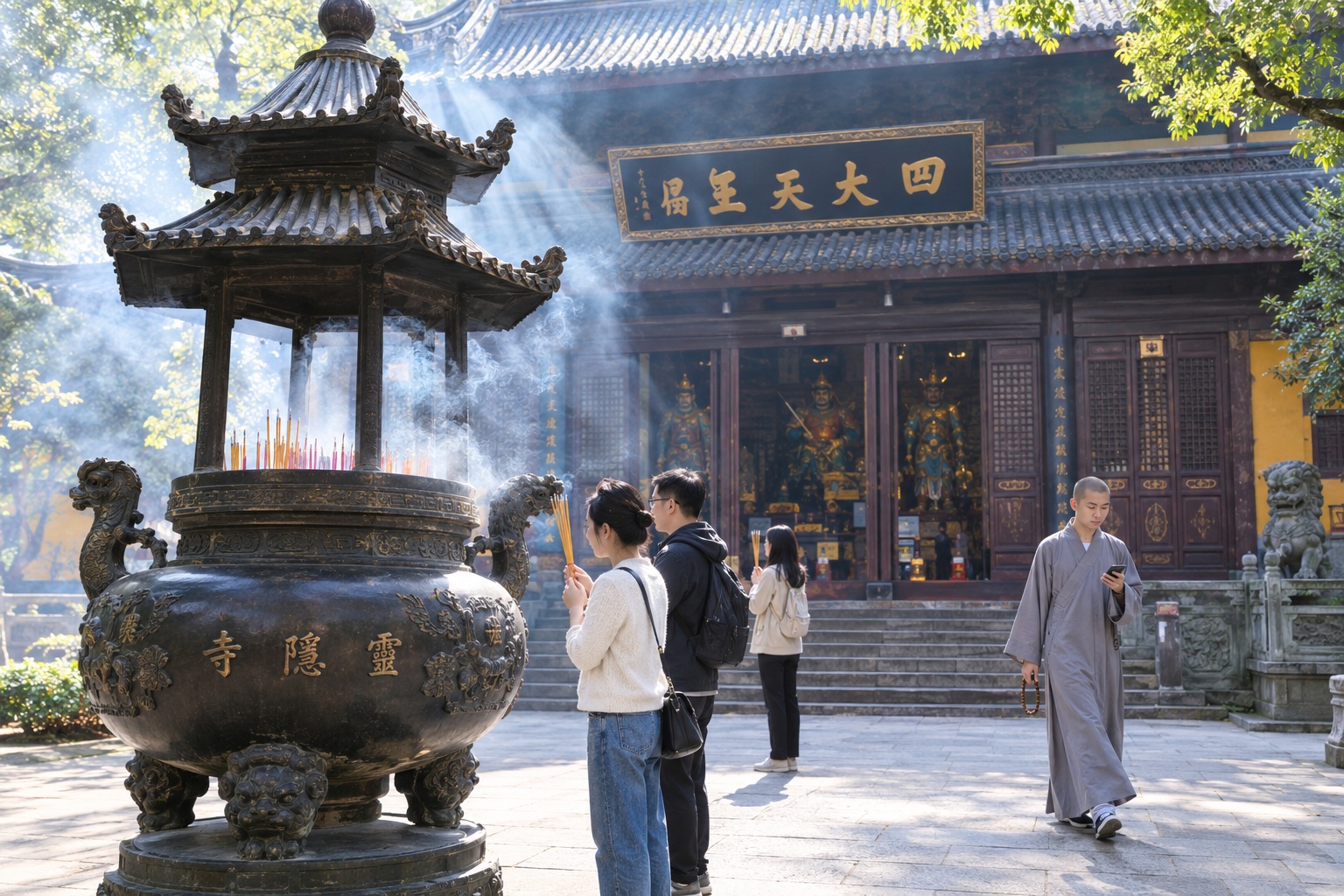 Incense smoke rising at Lingyin Temple, a Buddhist monk walking across the courtyard