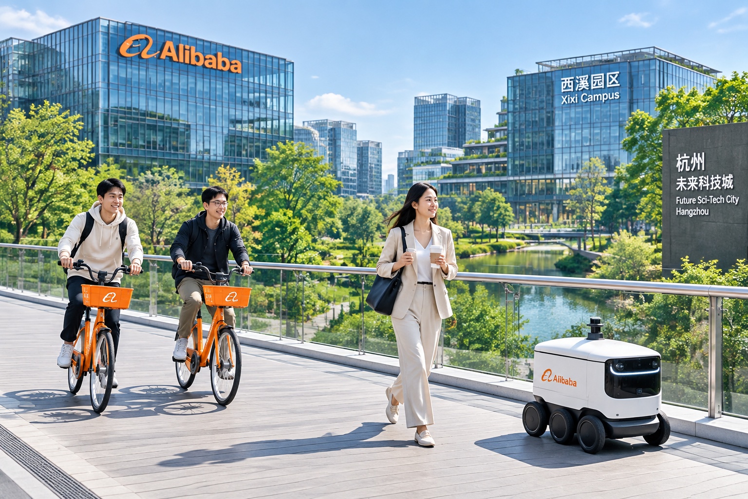 Alibaba Xixi Campus in Hangzhou, staff riding shared bikes and a delivery robot on a sunny day