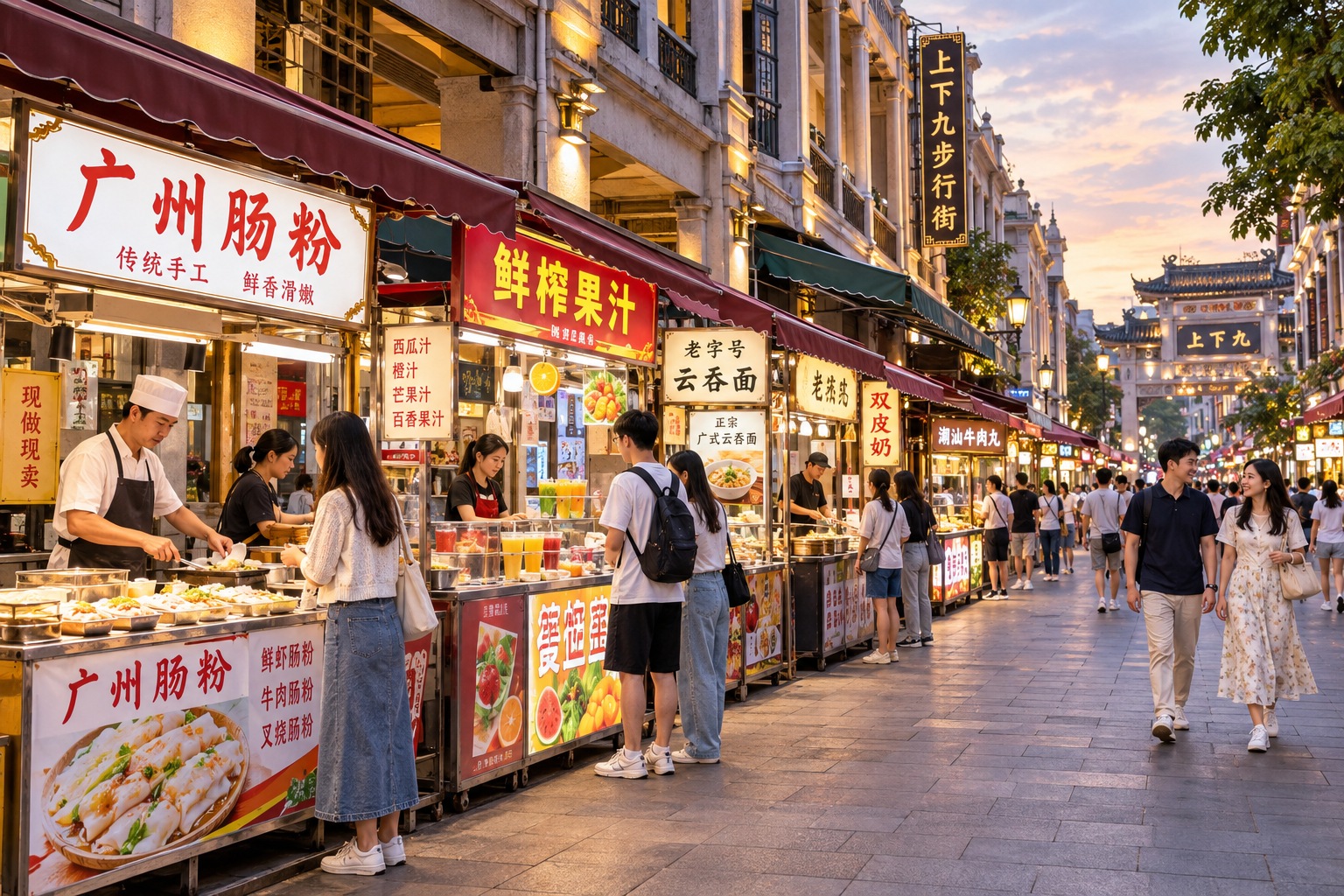 Shangxiajiu Pedestrian Street food stalls with arcade buildings