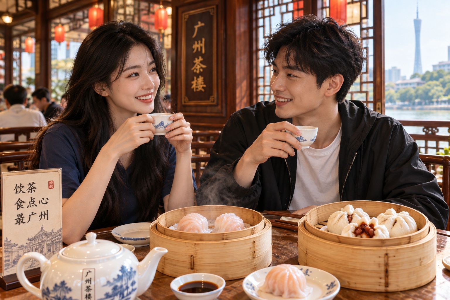 Cantonese dim sum with tea in a Guangzhou restaurant