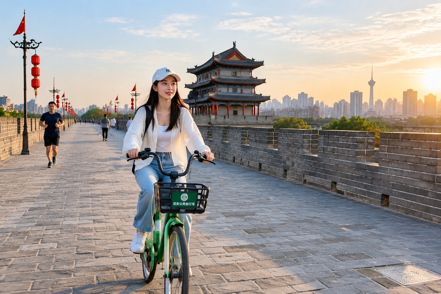 Cyclist on the ancient Ming city wall in Xi'an with modern skyline in the distance