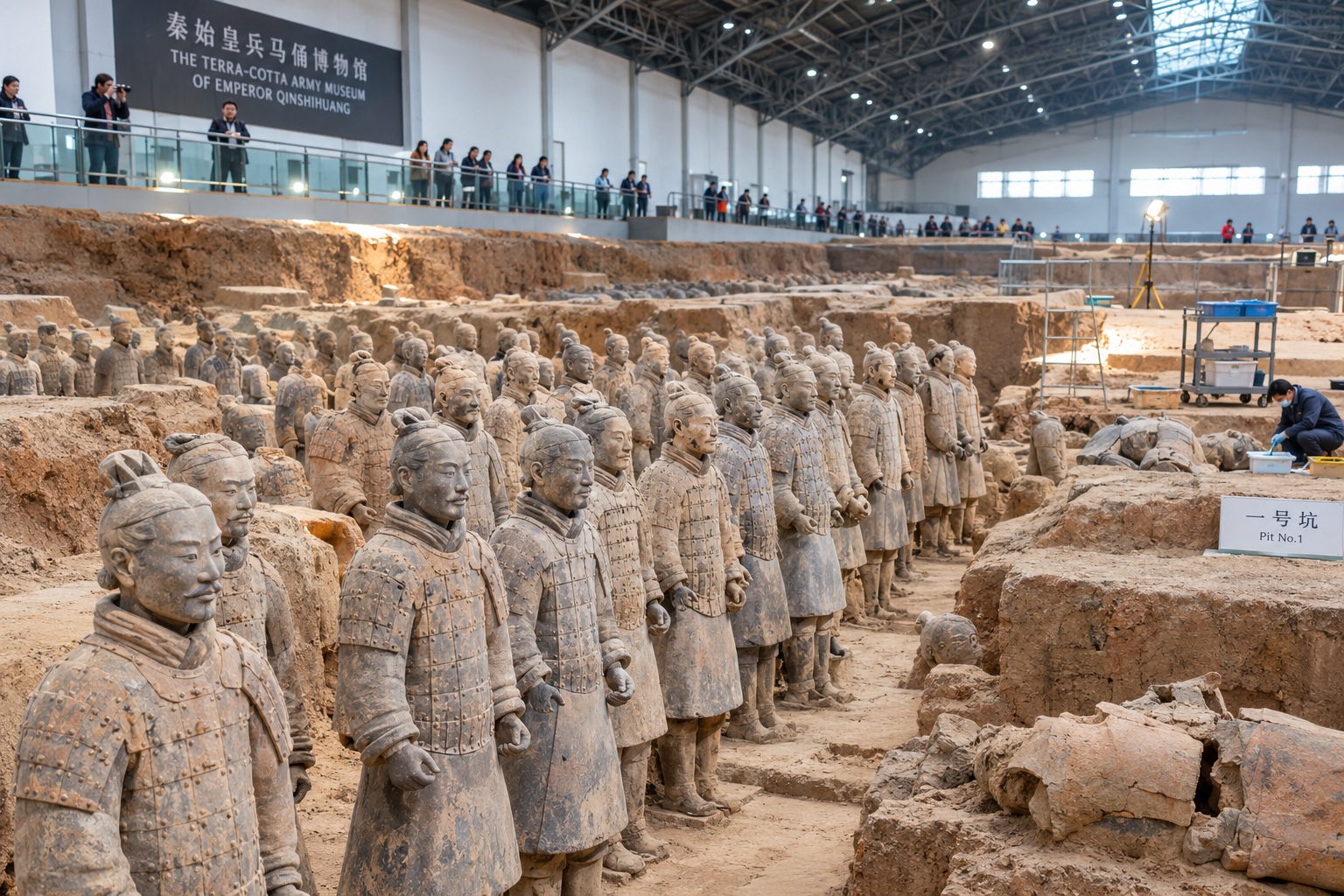 Terracotta warriors and horses standing in a large archeological pit in Xi'an, China