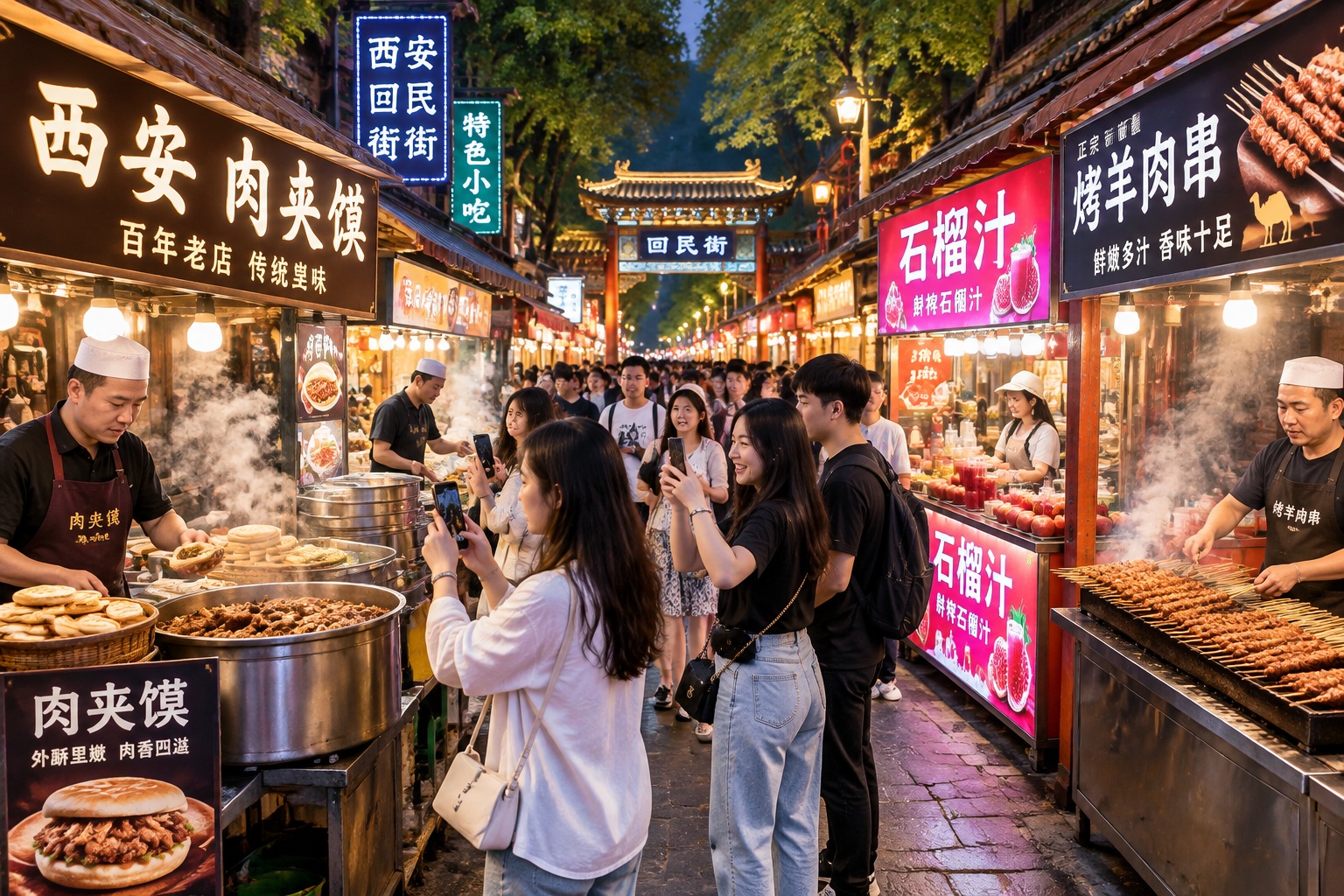 Crowded night food market in Xi'an's Muslim Quarter with grilling snacks and glowing signs