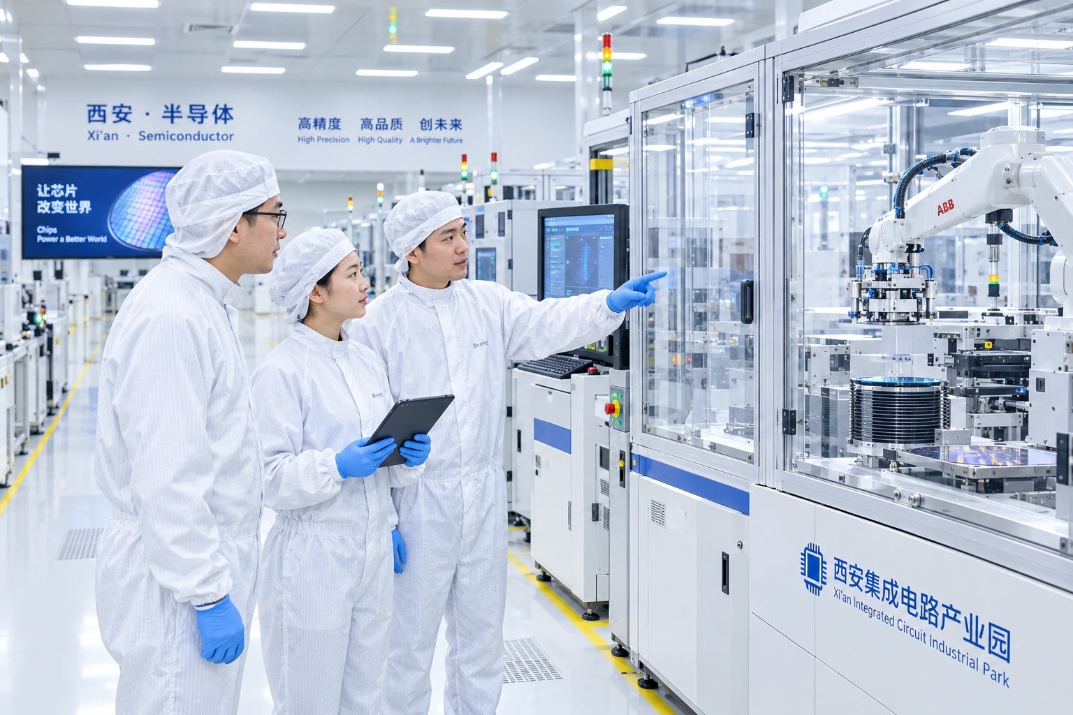 Engineers in cleanroom suits inspecting semiconductor equipment at a high-tech factory in Xi'an