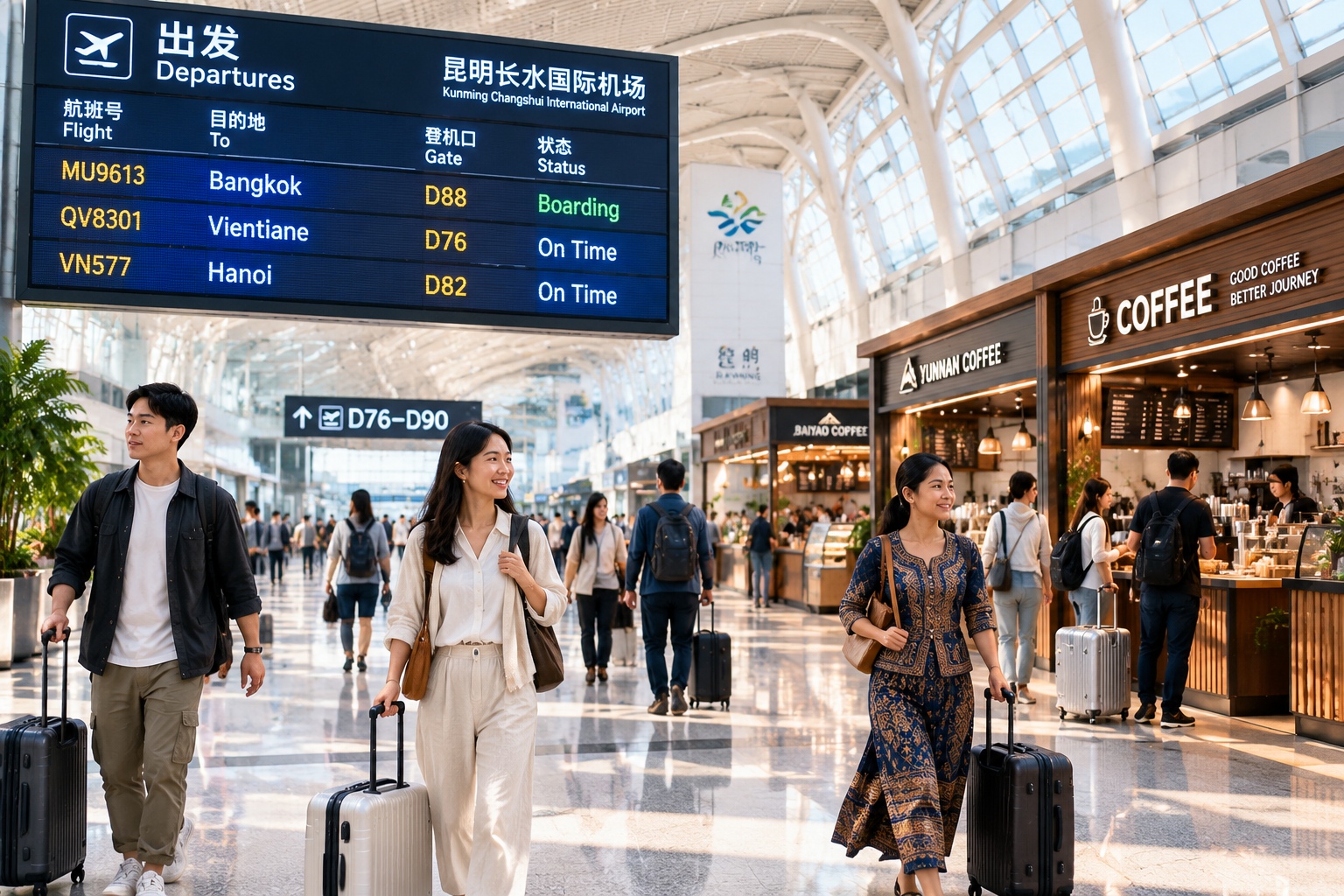 Kunming and Yunnan: China's Gateway to Southeast Asia for Business and Pleasure 22 Kunming Changshui airport departures board with Southeast Asian flights