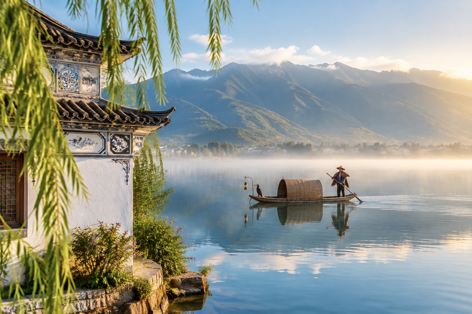 Kunming and Yunnan: China's Gateway to Southeast Asia for Business and Pleasure 23 Erhai Lake with fishing boat and Cangshan Mountain near Dali