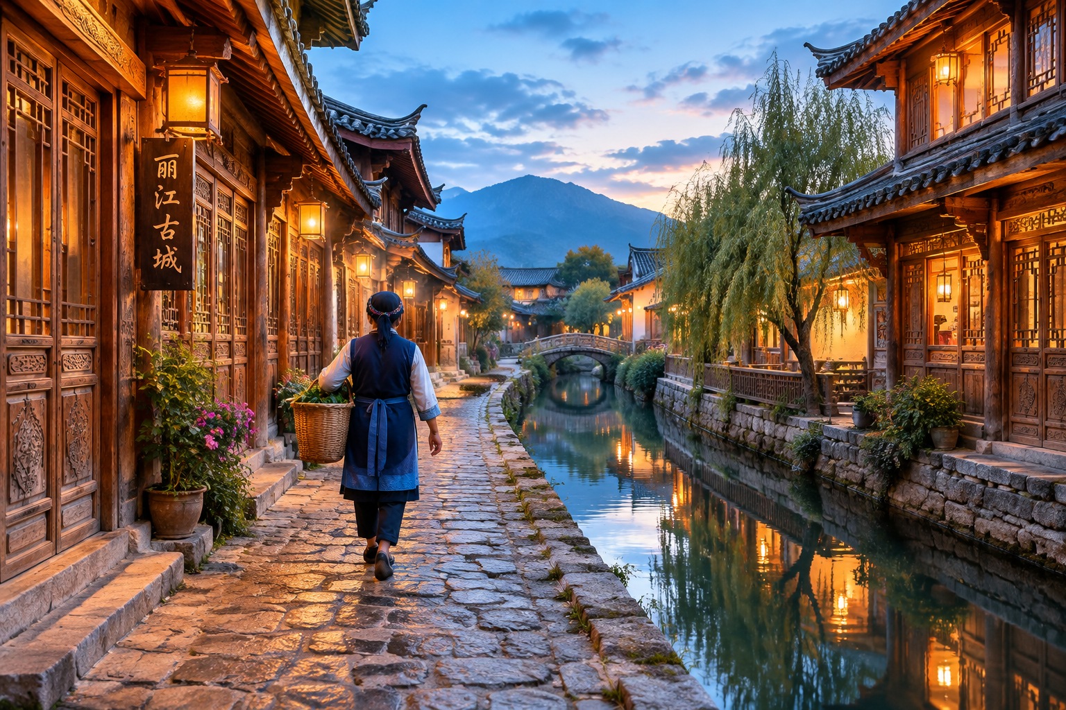 Kunming and Yunnan: China's Gateway to Southeast Asia for Business and Pleasure 24 Early morning lane in Lijiang Old Town, Yunnan, with canal and Naxi resident