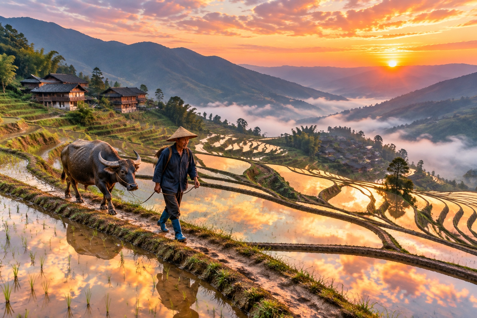 Kunming and Yunnan: China's Gateway to Southeast Asia for Business and Pleasure 25 Sunrise over Yuanyang rice terraces with Hani farmer and water buffalo