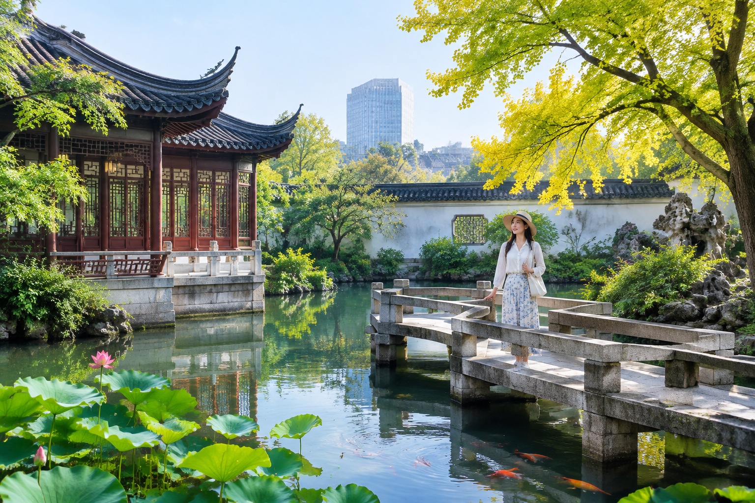 Classical pavilion and lotus pond in the Humble Administrator's Garden in Suzhou, with a modern skyline behind the trees