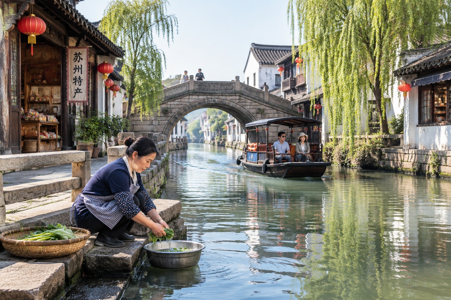 Canal boat and old stone bridge in Tongli, a water town near Suzhou and the Suzhou Industrial Park