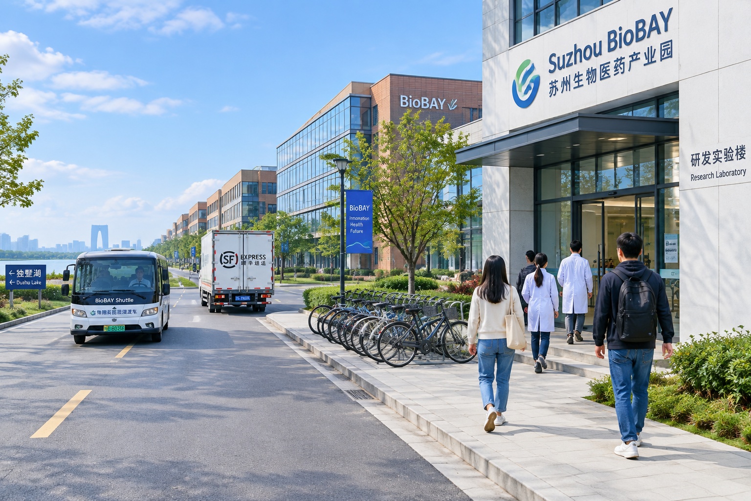 Researchers and bicycles outside a laboratory building at Suzhou BioBAY biomedical industry park