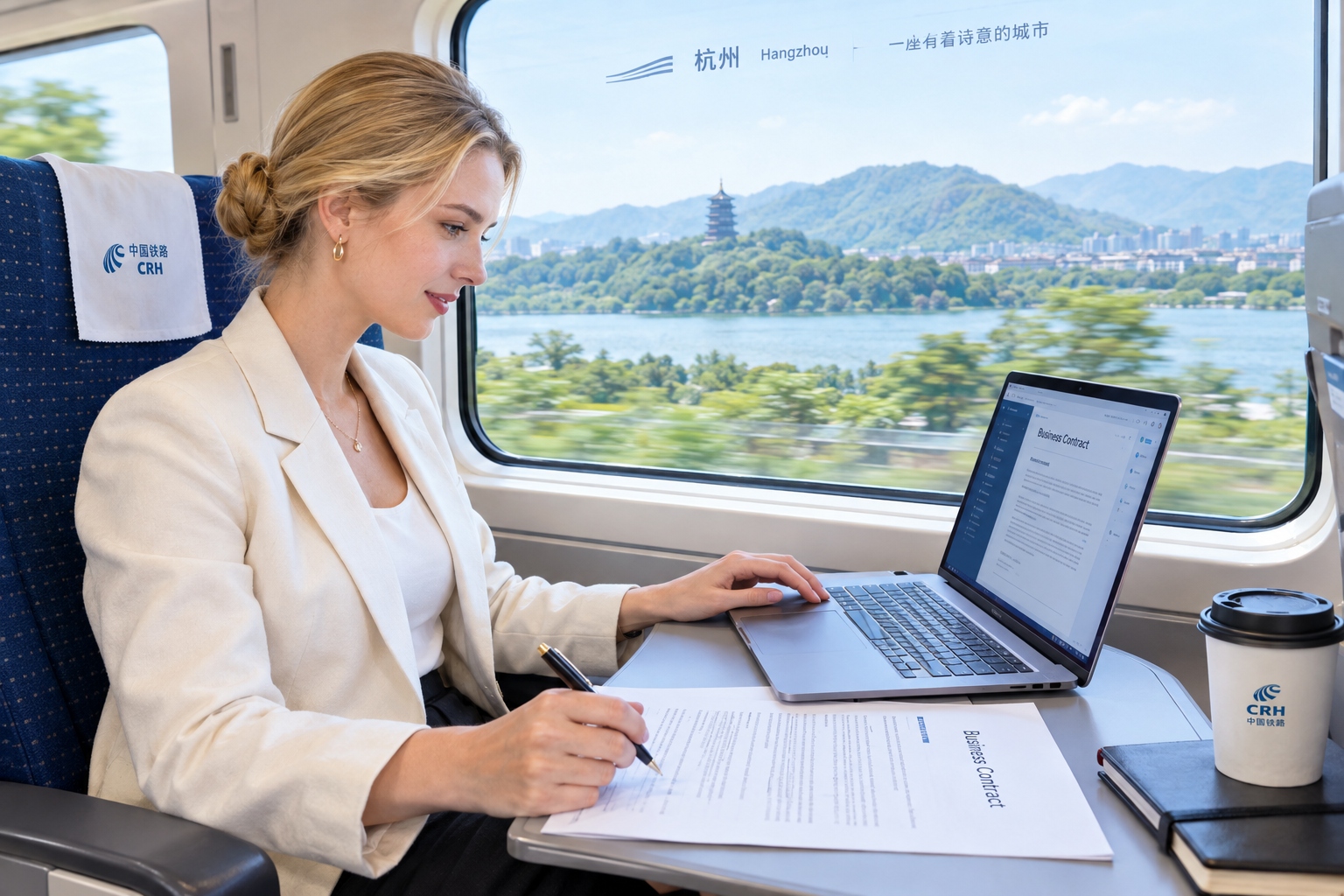 China's Visa-Free Transit Policy 2027: A Complete Guide for Business Travelers 24 European businesswoman working on laptop during high-speed train ride between Shanghai and Hangzhou in China