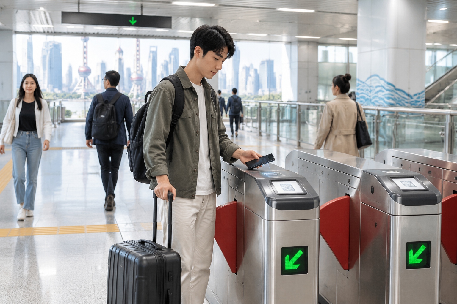Foreign traveler using Alipay or WeChat Pay scan code to enter a metro station in Shanghai