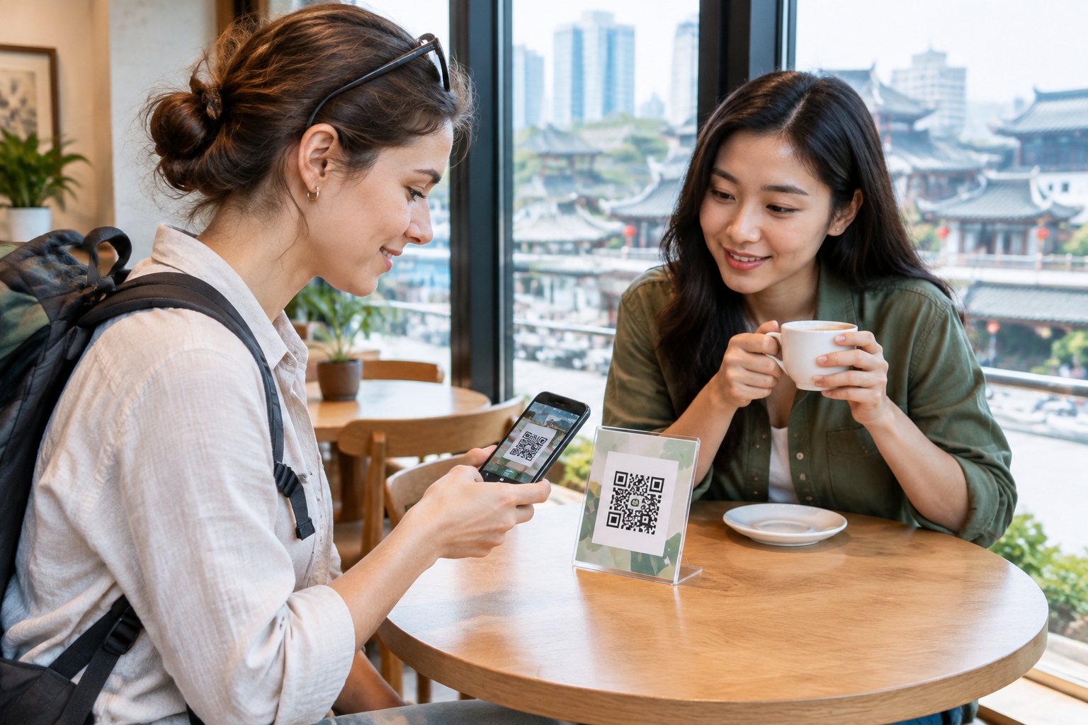 International tourists scanning a QR code menu at a cafe in Hangzhou or similar Chinese city