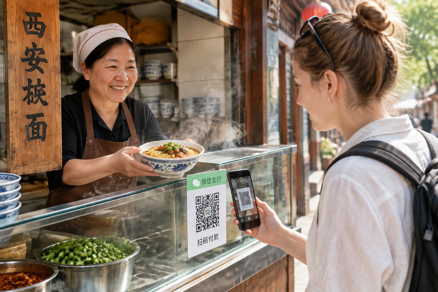 The Ultimate China Travel App Kit: 10 Apps You Must Download Before Your Trip 22 Traveler scanning a QR code at a street food stall in Xi'an to pay by smartphone