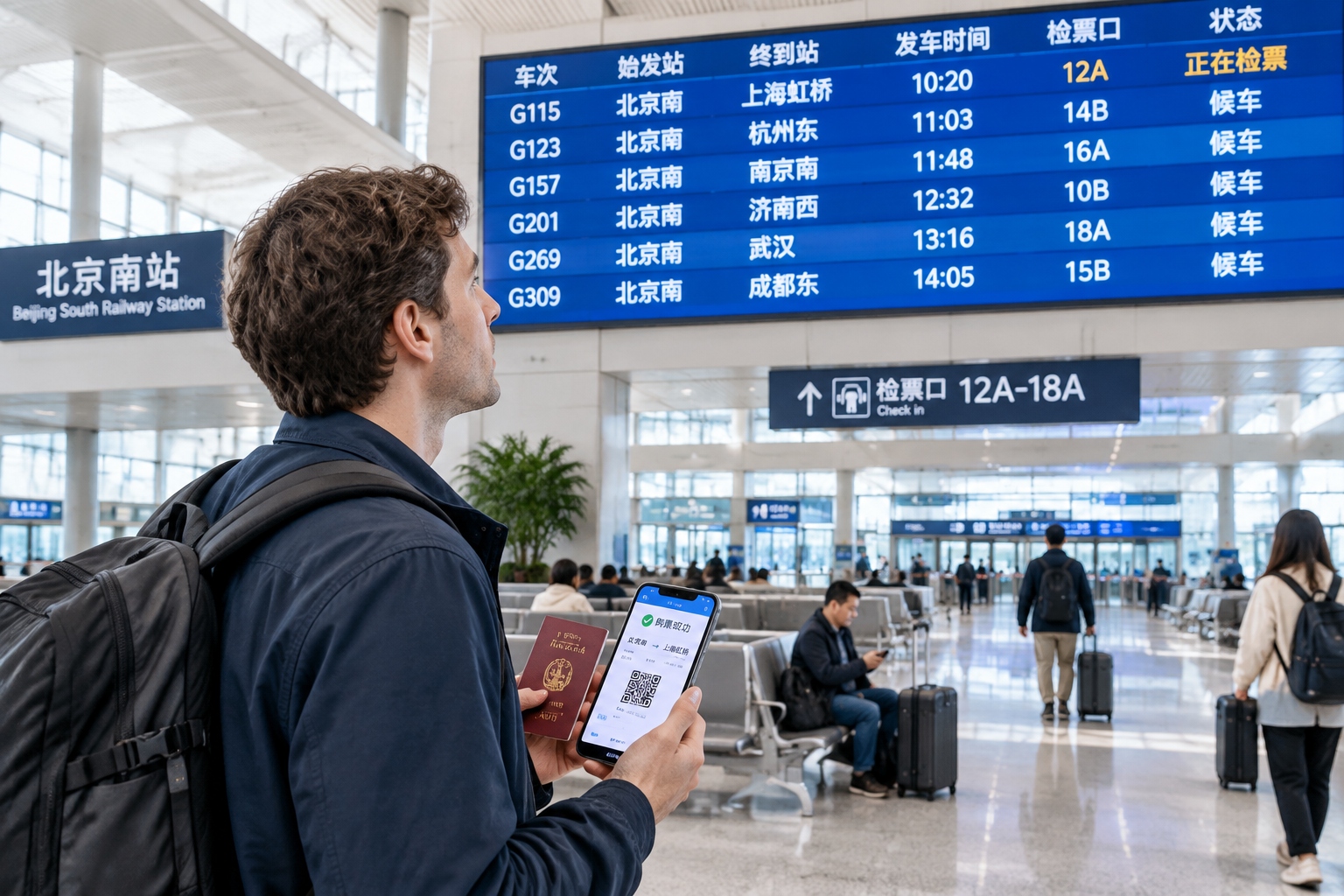 The Ultimate China Travel App Kit: 10 Apps You Must Download Before Your Trip 23 Foreign traveler checking a high-speed rail departure board at a Chinese railway station