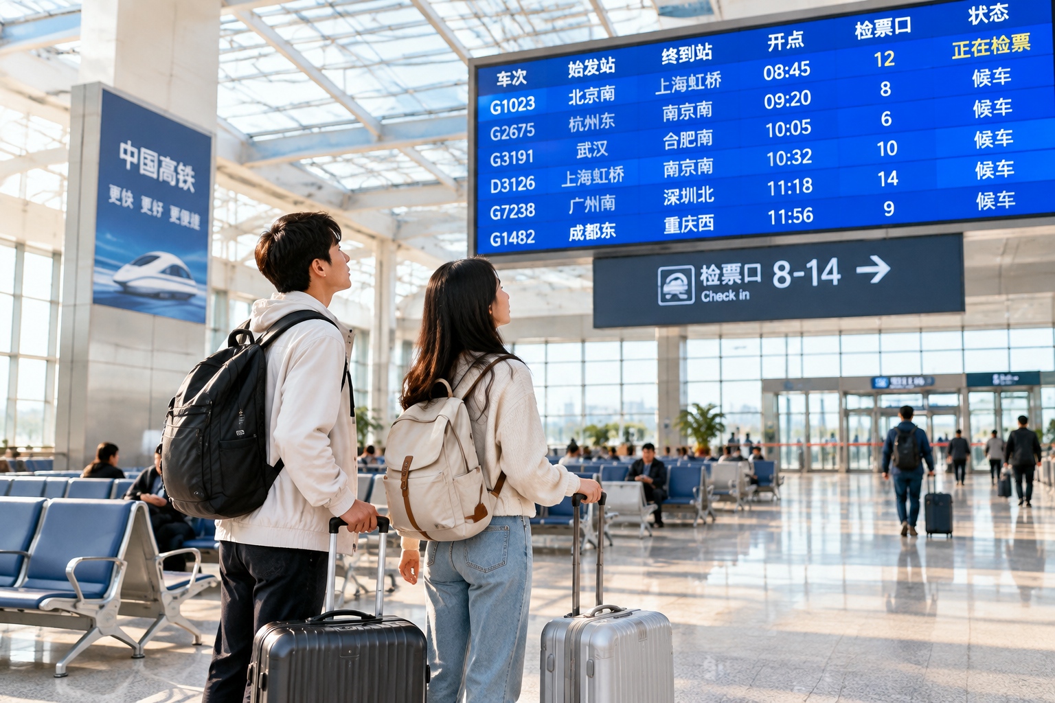 Passengers check a large train departure board before boarding a high-speed train in China