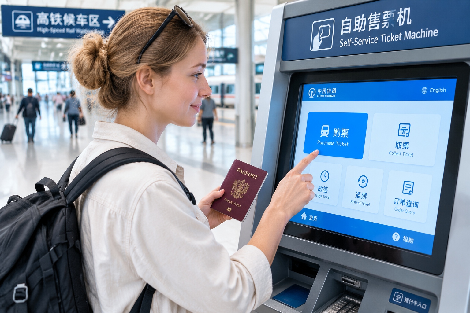 Passport being placed on a self-service machine for a Chinese high-speed rail ticket