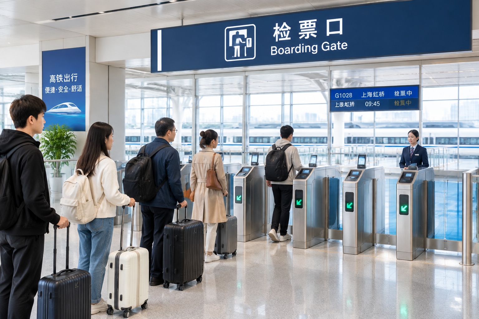 Automatic high-speed rail ticket gates at a Chinese station where passengers scan passports before boarding