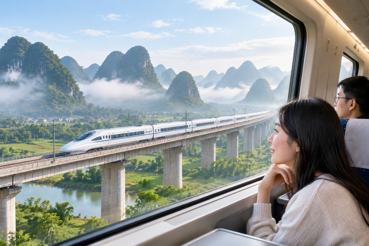 Scenic view of a high-speed train crossing limestone mountains in southwest China