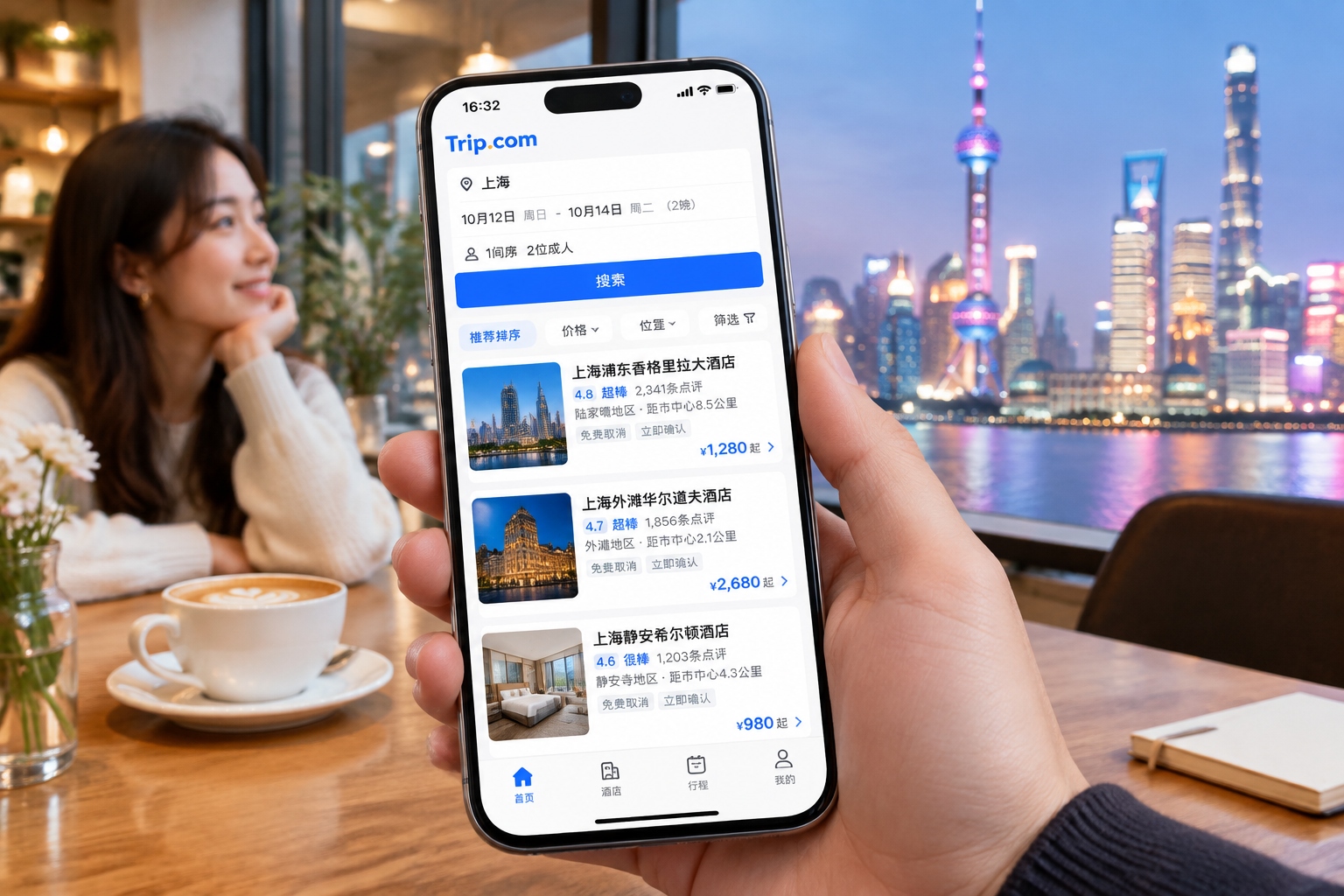 Traveler using Trip.com app to book a hotel in Shanghai, showing the interface with local hotel listings