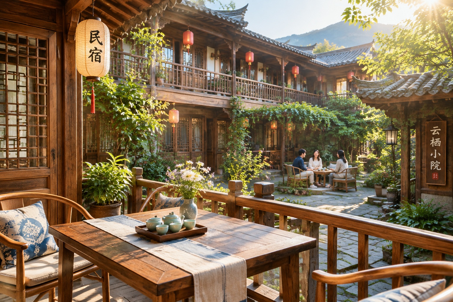 Courtyard of a traditional Chinese green tea guesthouse with wooden architecture and lanterns