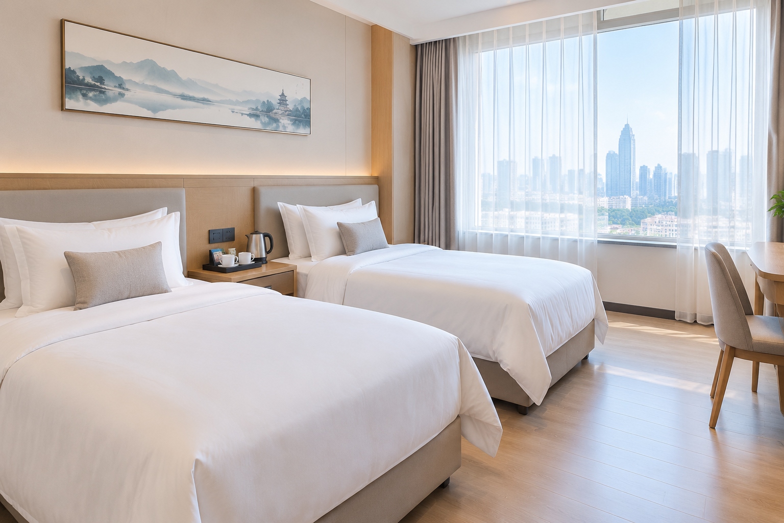 Hotel room in China with electric kettle and tea set, typical amenities for a comfortable stay
