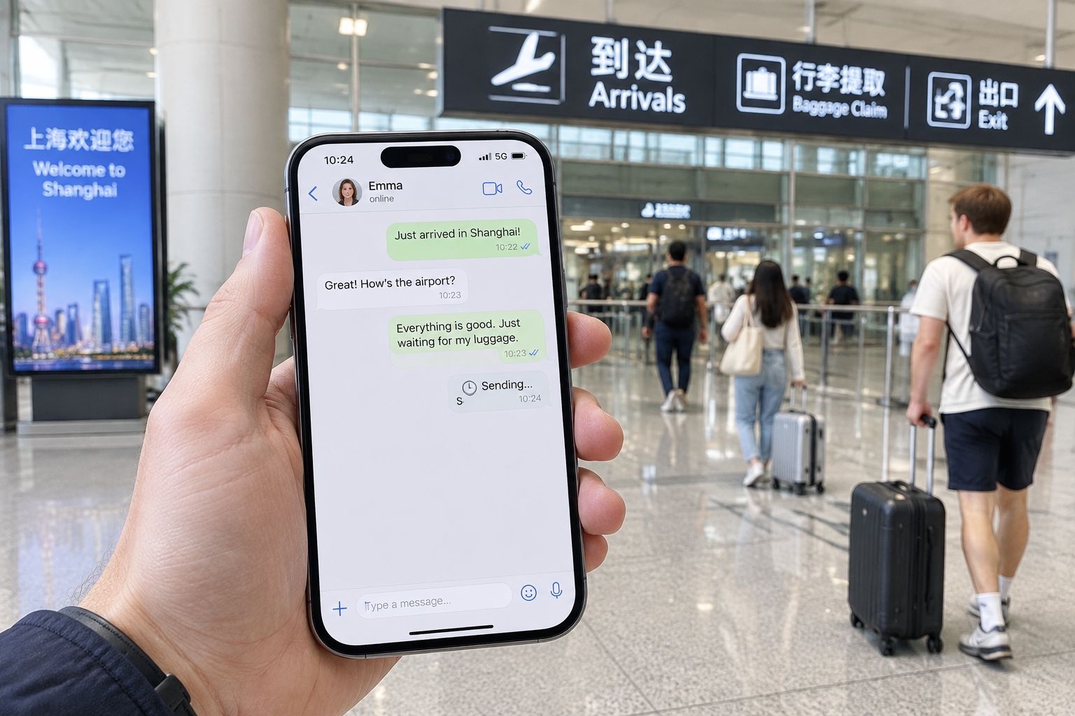 Foreign traveler's smartphone in China showing a message stuck on sending at an airport arrival hall