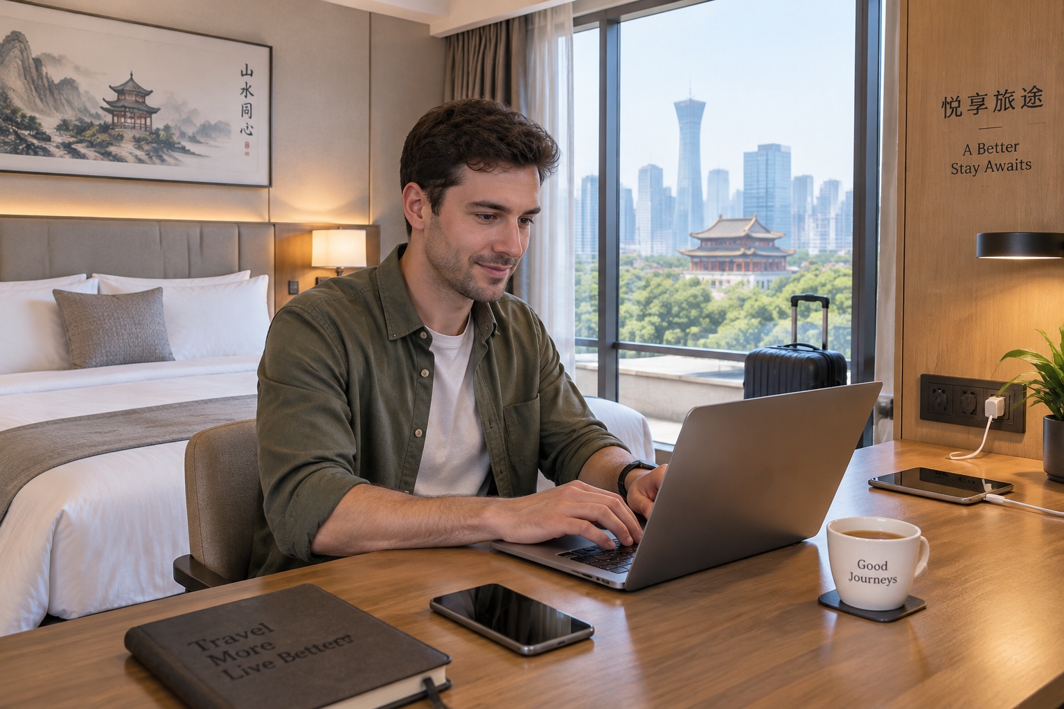 Traveler working on a laptop in a Chinese hotel room with smartphone and portable internet devices on the desk