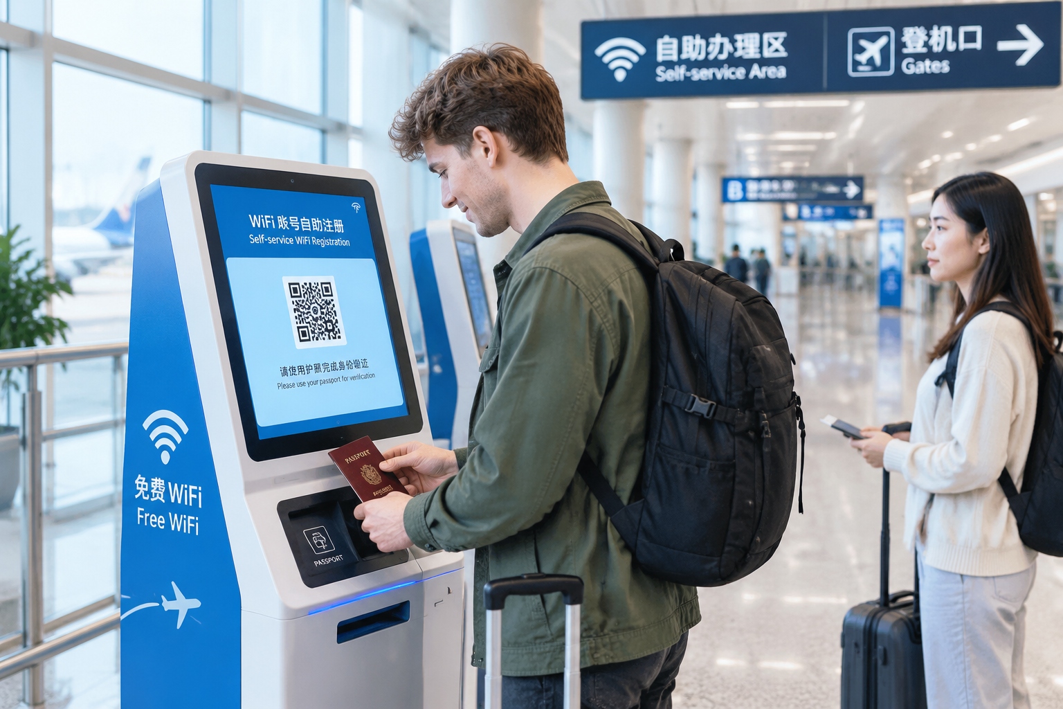 Passenger scanning passport at a Chinese airport Wi-Fi registration kiosk to access the internet