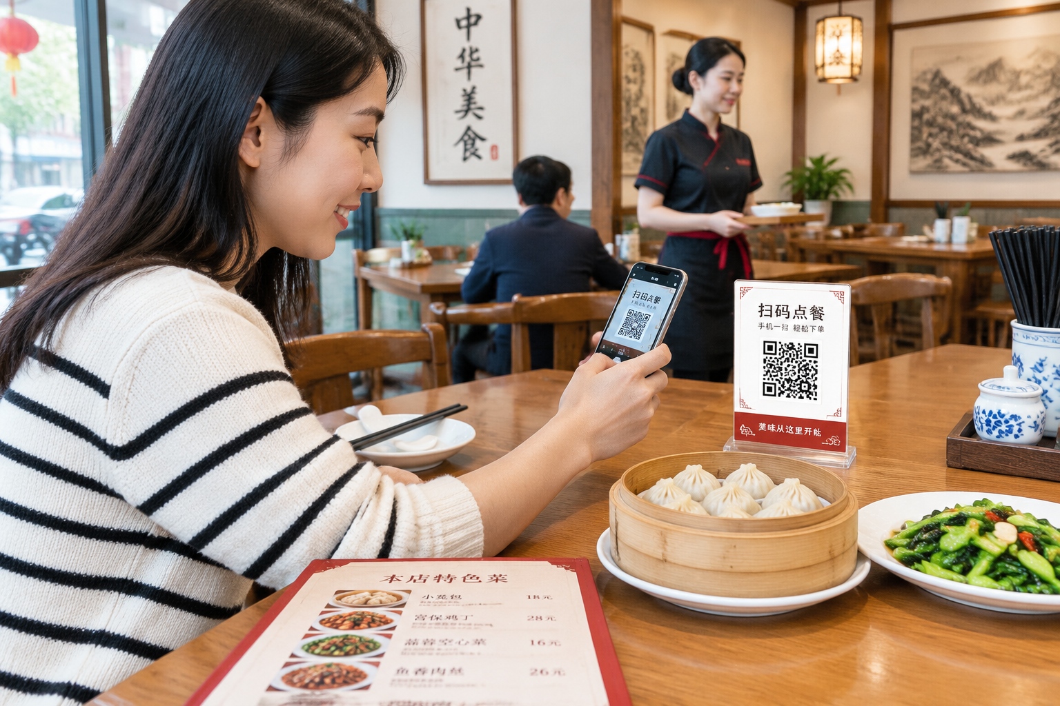Customer scanning QR code to view digital menu at a Chinese restaurant
