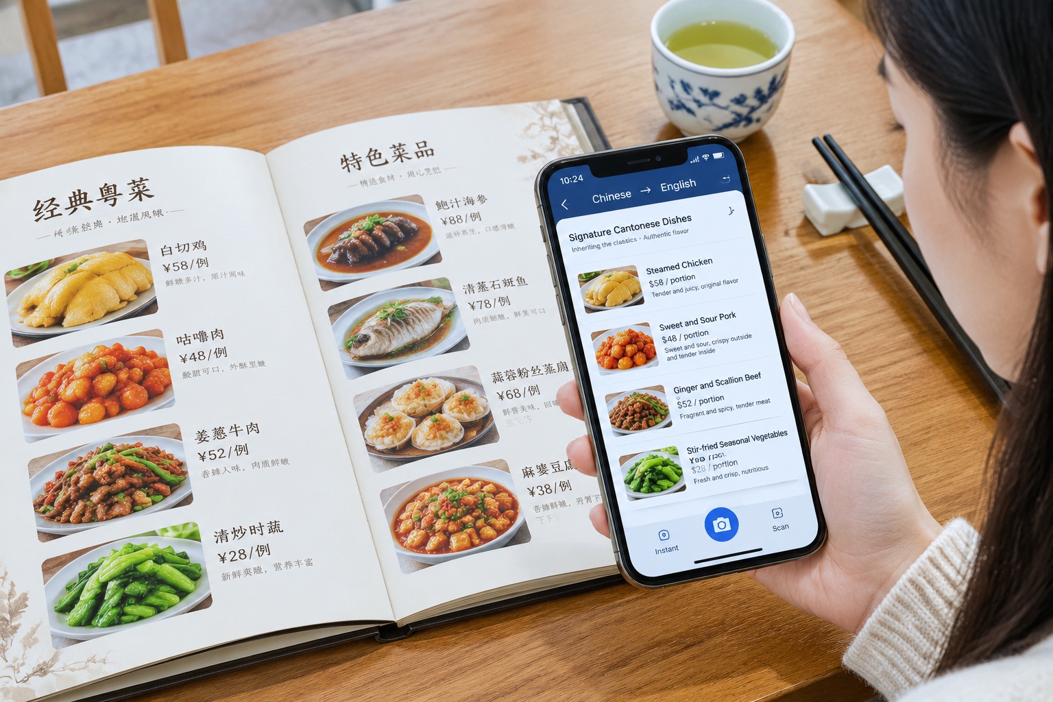 Phone translation app overlaying English text on a Chinese menu