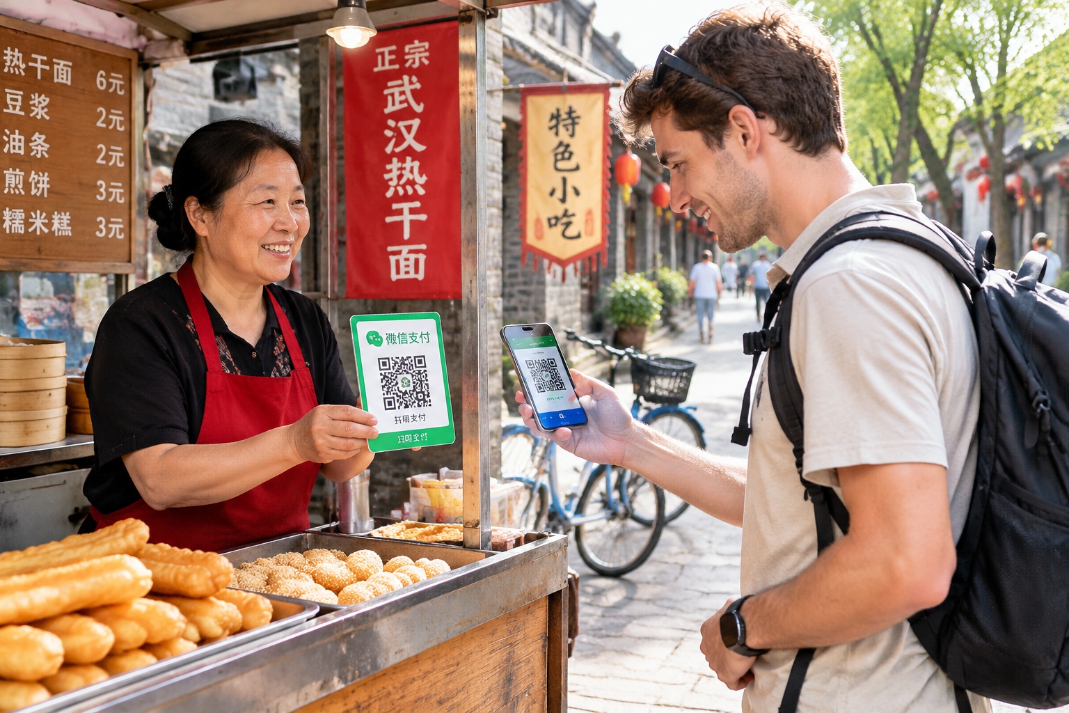 Packing for China: What to Bring and What to Buy There 22 Traveler paying by mobile QR code at a street vendor in China, showing why preparing payment apps should be part of your packing list