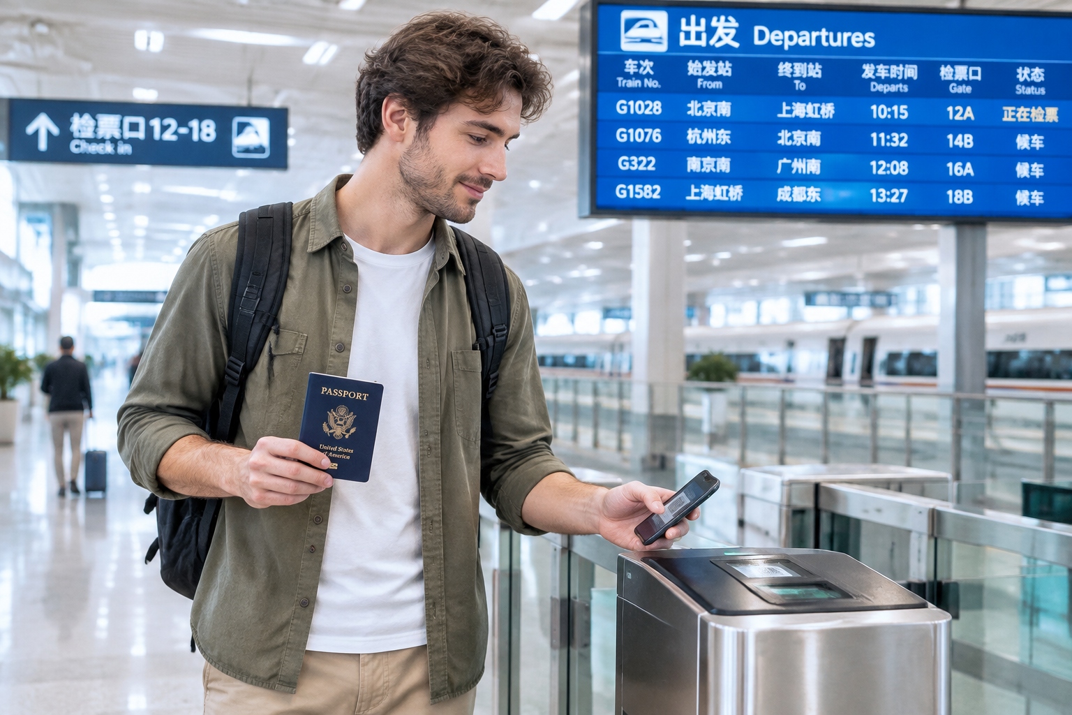 Packing for China: What to Bring and What to Buy There 23 Traveler using a passport to pass through a Chinese high-speed rail station gate while holding a phone
