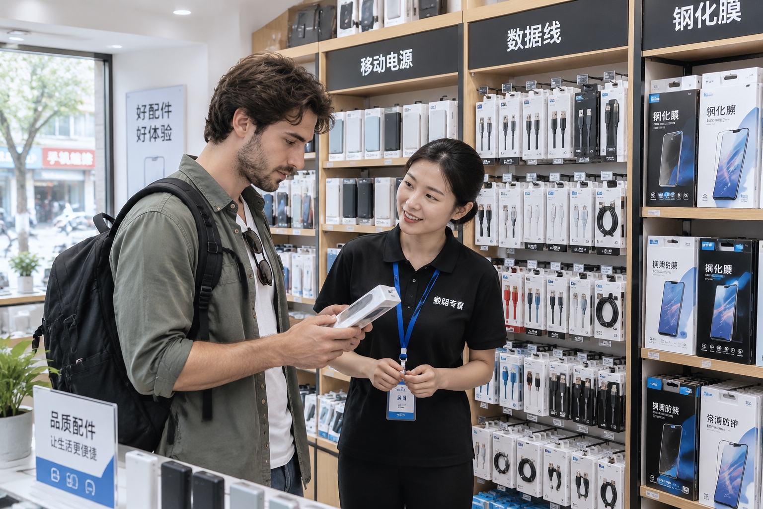 Packing for China: What to Bring and What to Buy There 24 Traveler looking at phone chargers and cables in a Chinese electronics shop, illustrating what is easy to buy after arrival