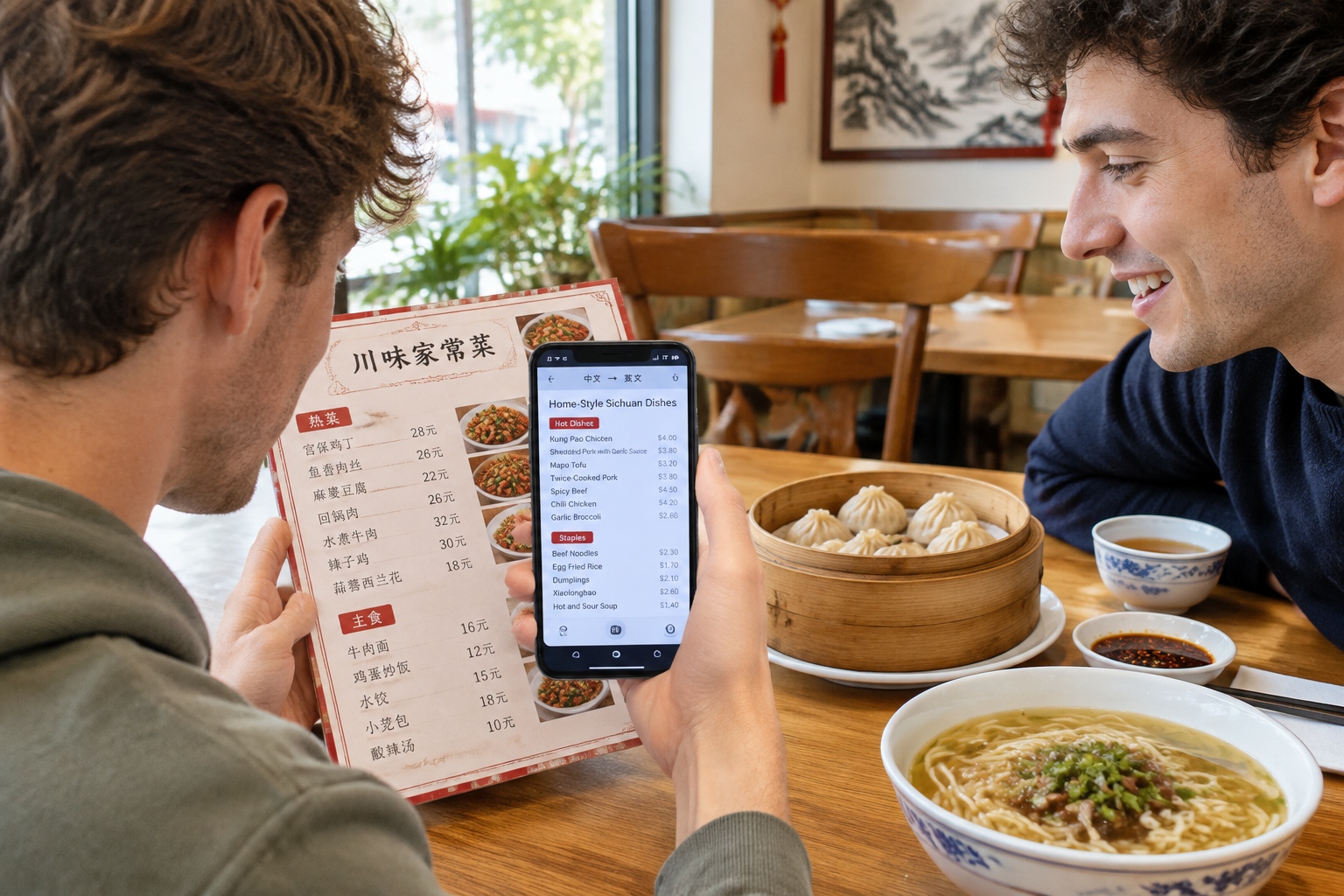 Traveler using phone camera to translate Chinese menu at a restaurant in China.