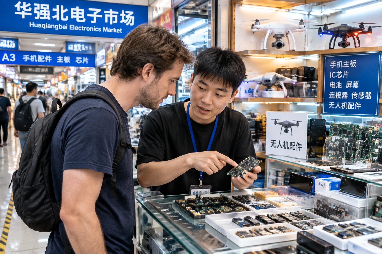 International visitor examining a circuit board at a shiny stall in Huaqiangbei electronics market