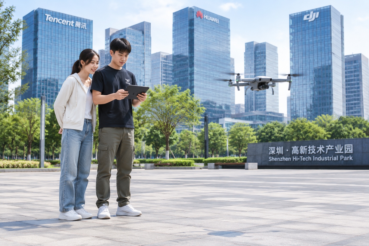 Engineers in Shenzhen testing a drone near glass office towers in High-Tech Industrial Park