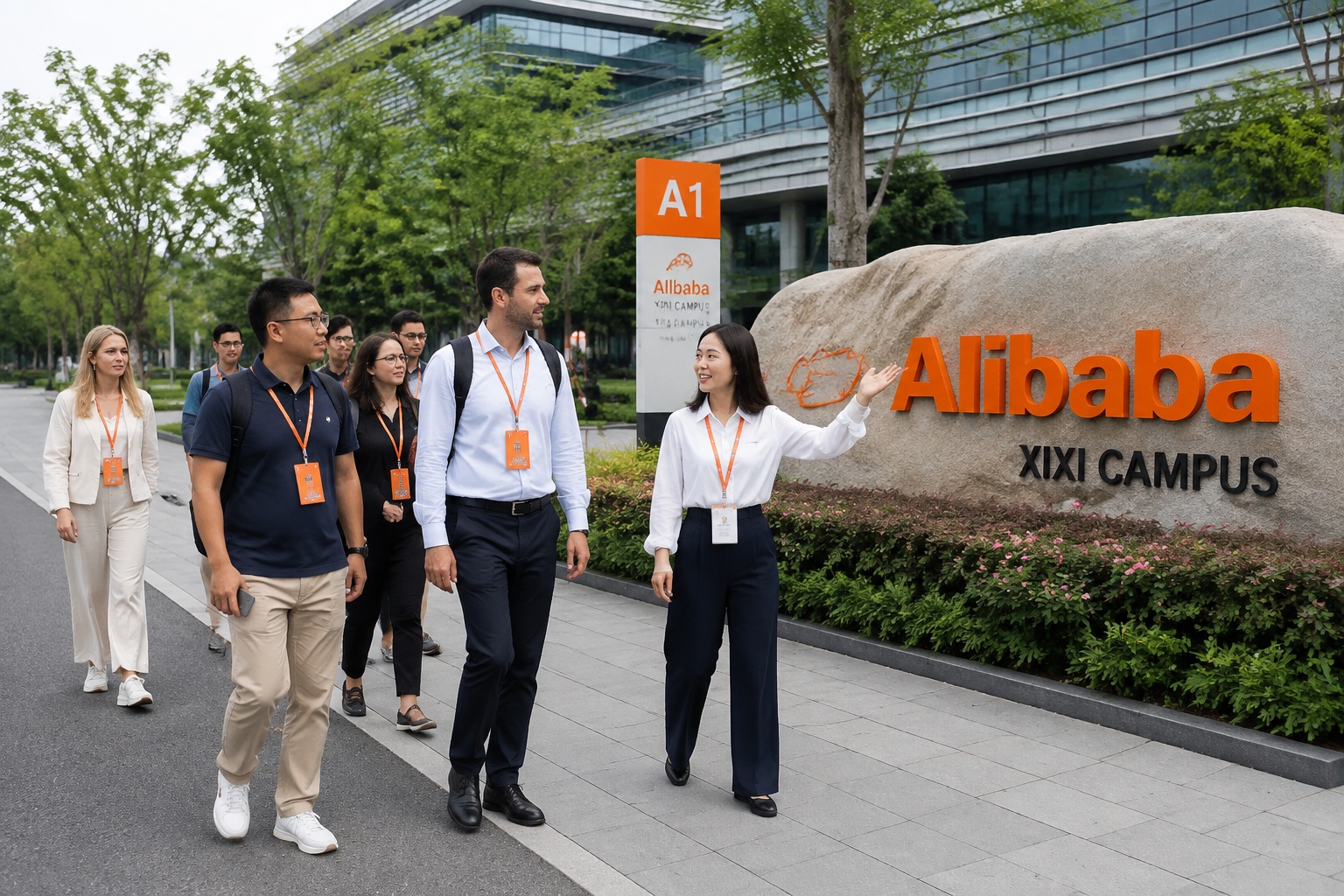 Group of international visitors touring Alibaba's Xixi campus entrance with a staff guide