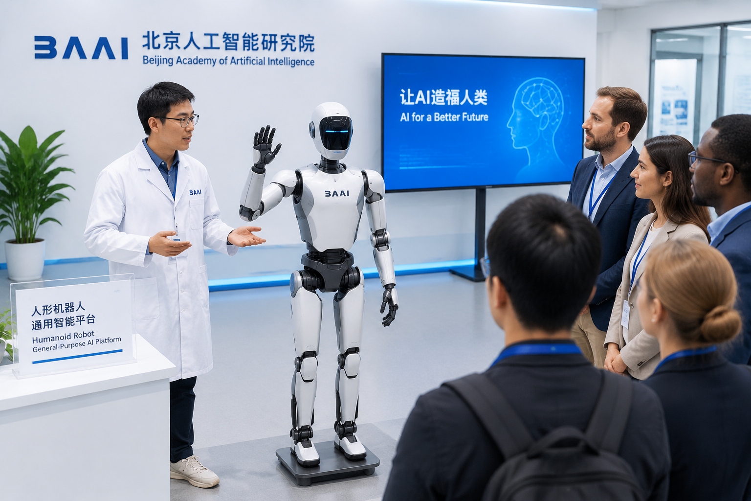 AI researcher in Beijing demonstrating a humanoid robot to an international visitor